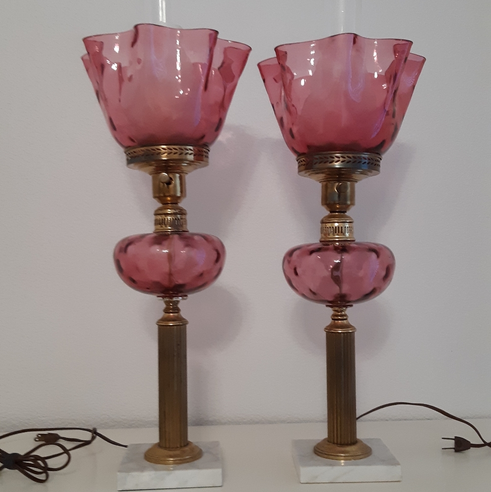 ***SOLD***Pair (2) Antique Cranberry Electric Hurricane Lamps